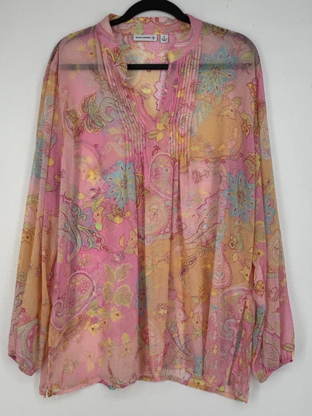 Susan Graver Womens XL Sheer Popover Big Shirt Blouse Pink Pastel Paisley Floral